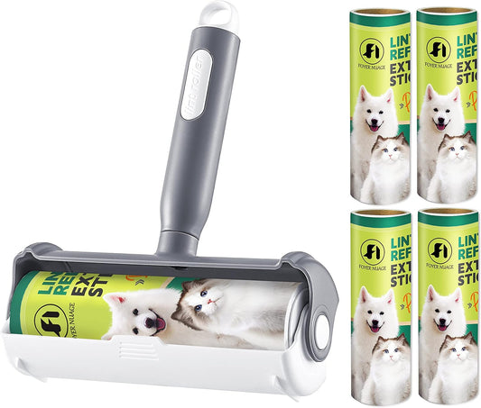 FOYERNUAGE 2In1 Lint Roller & Brush, Extra Sticky, for Pet Hair, Clothes, Furniture, Carpet - 300 Sheets (1 Handle & 5 Refills)