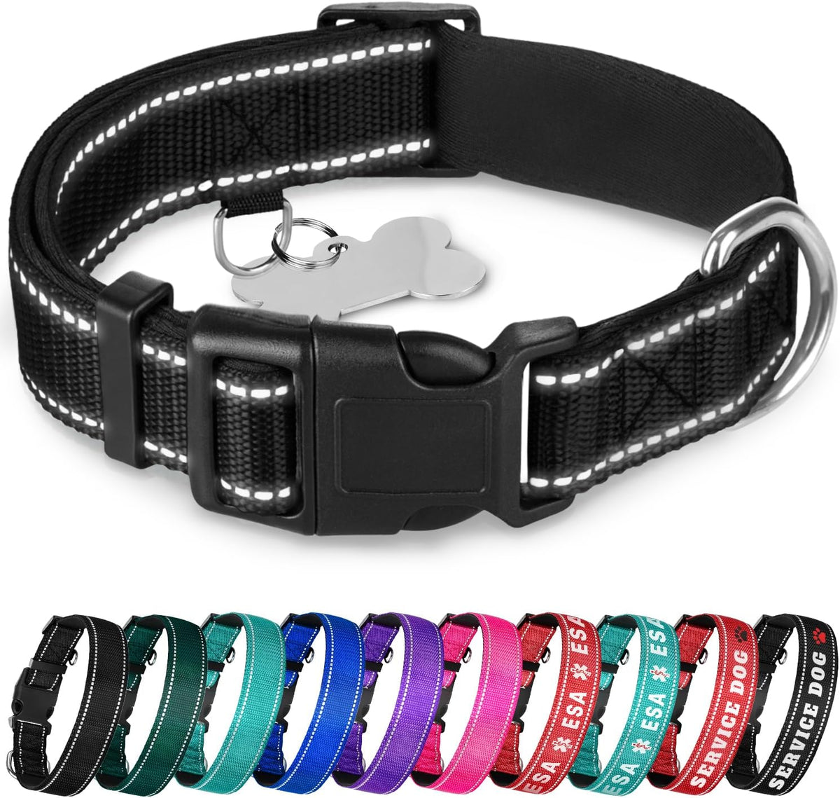 Reflective Dog Collar Black M – Soft Padding – Nylon, Quick Release