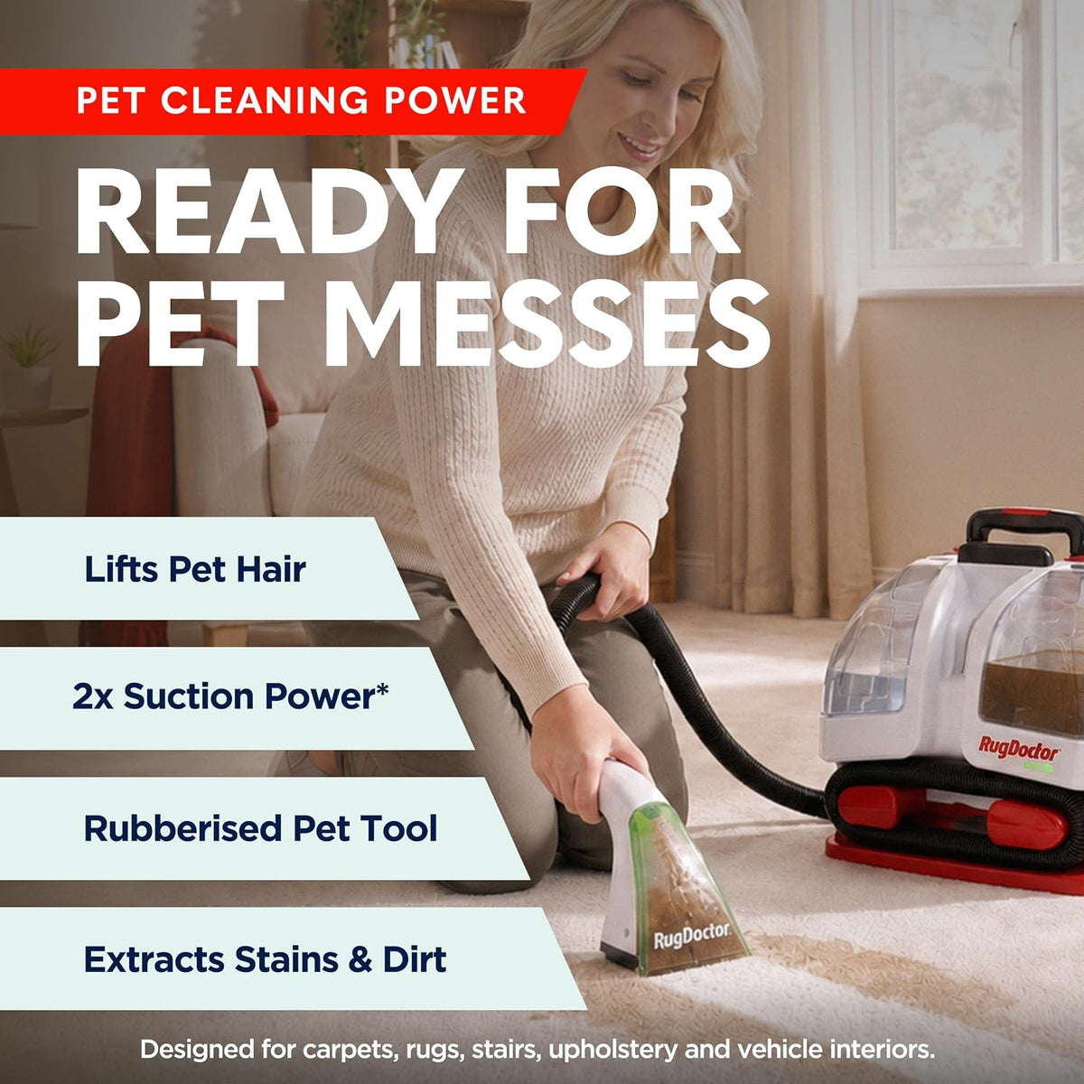 Pet Portable Spot Carpet Cleaner | Rubberised Bristles for Pet Hair Removal - 2X Suction - Handheld Carpet & Upholstery Cleaner for Carpets, Sofas, Stairs, Cars and Soft Furnishings