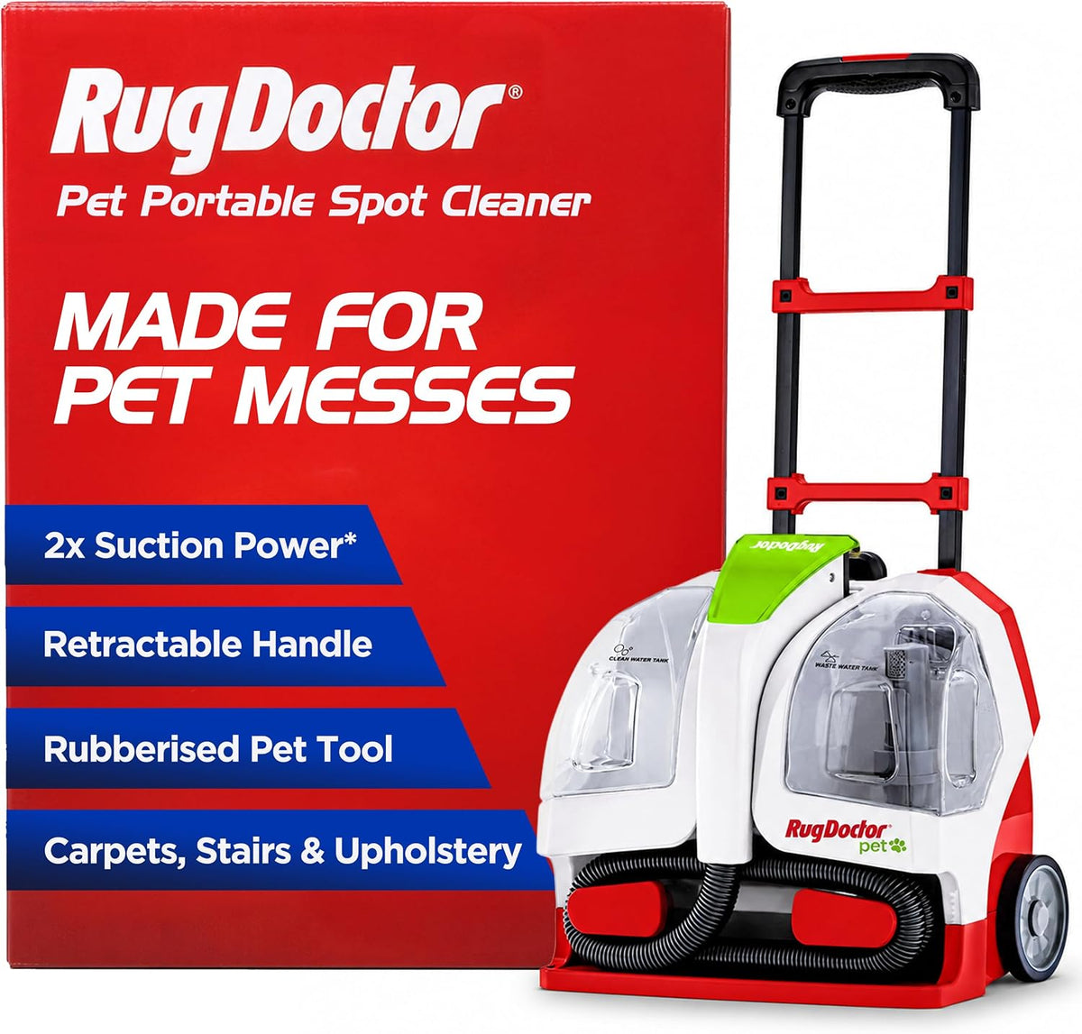Pet Portable Spot Carpet Cleaner | Rubberised Bristles for Pet Hair Removal - 2X Suction - Handheld Carpet & Upholstery Cleaner for Carpets, Sofas, Stairs, Cars and Soft Furnishings