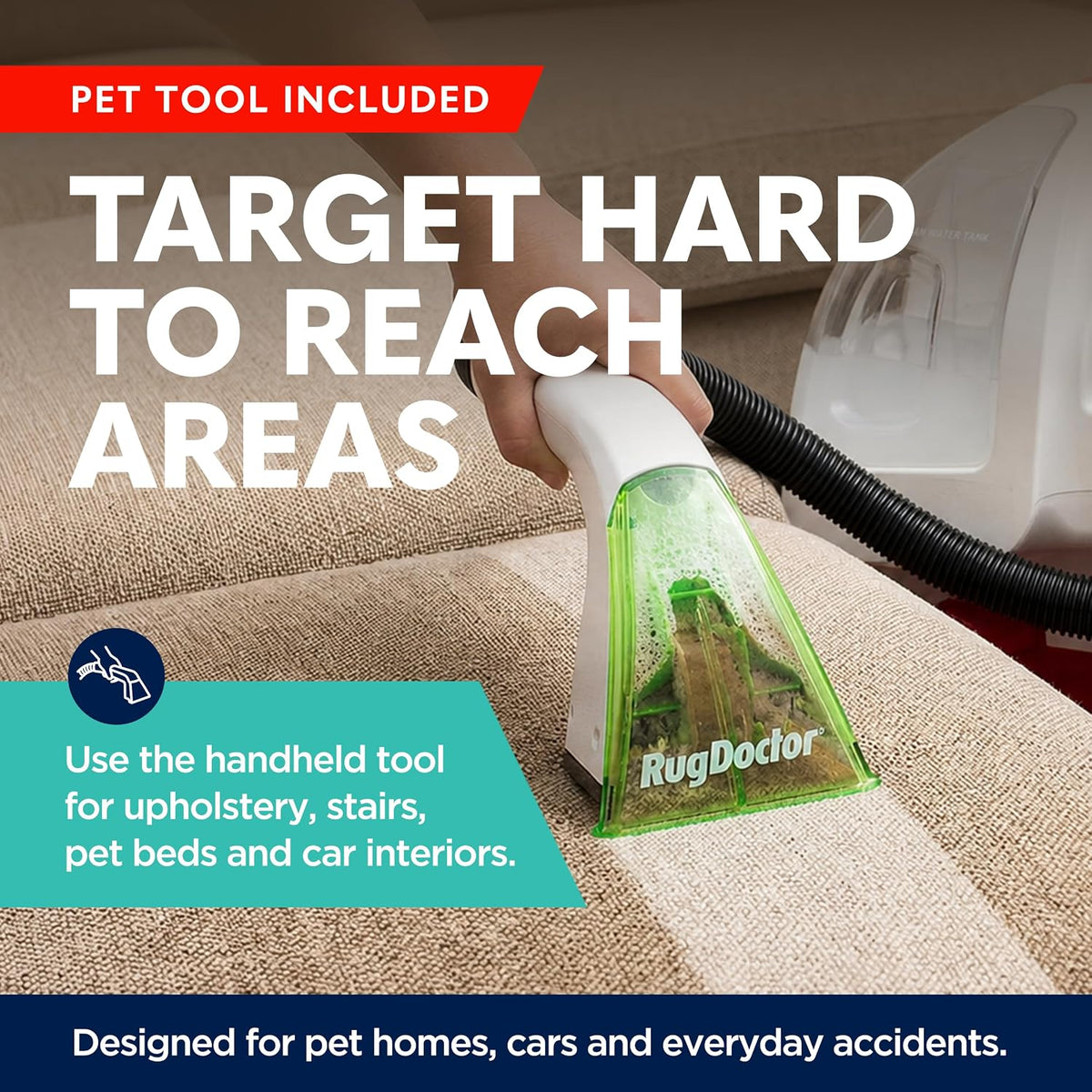 Pet Portable Spot Carpet Cleaner | Rubberised Bristles for Pet Hair Removal - 2X Suction - Handheld Carpet & Upholstery Cleaner for Carpets, Sofas, Stairs, Cars and Soft Furnishings